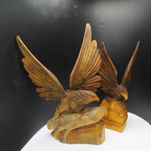 PAIR OF HAND CARVED WOODEN EAGLES.